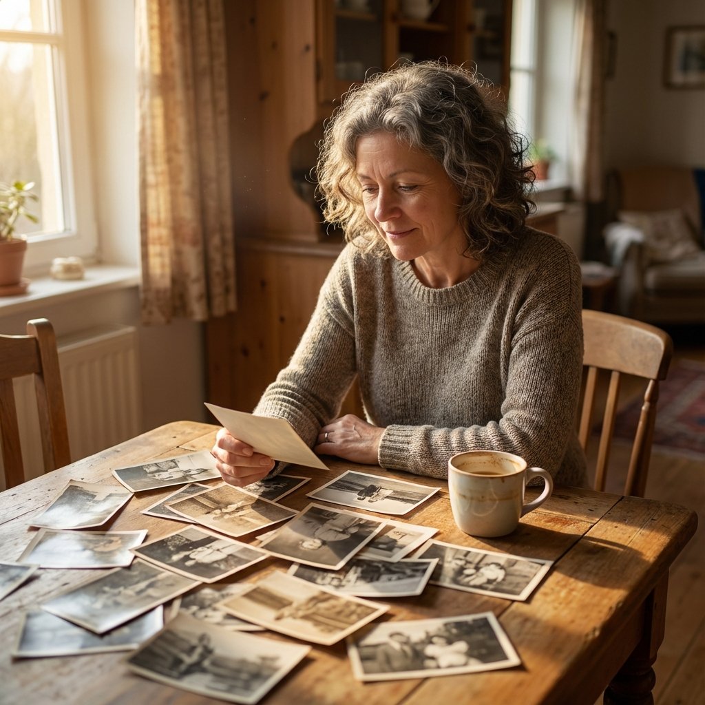 Woman looking at old photos at kitchen table