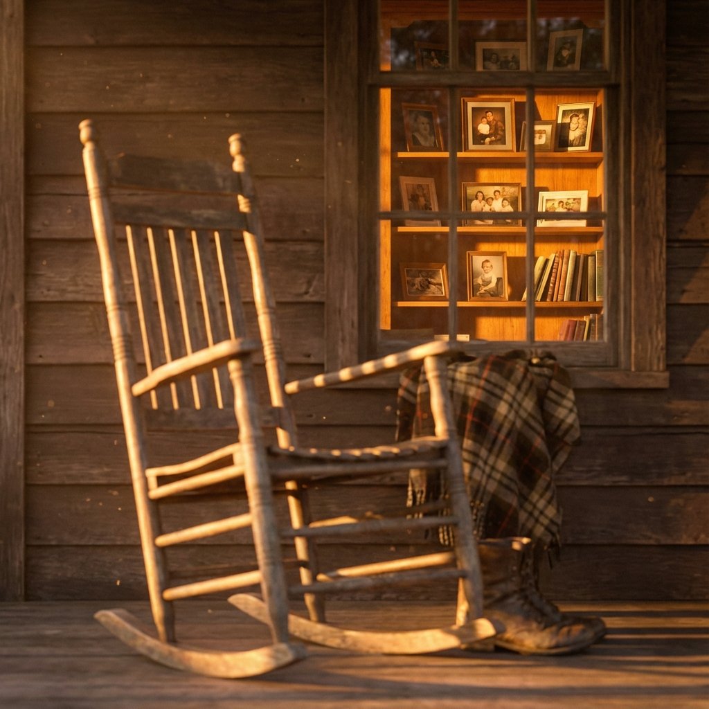 Empty rocking chair on porch at sunset