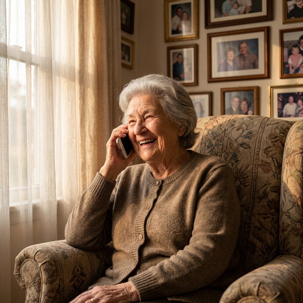 Grandmother smiling while talking on smartphone