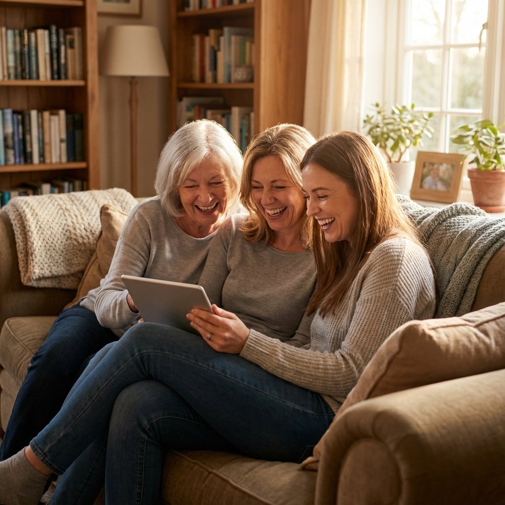Three generations of women looking at tablet together