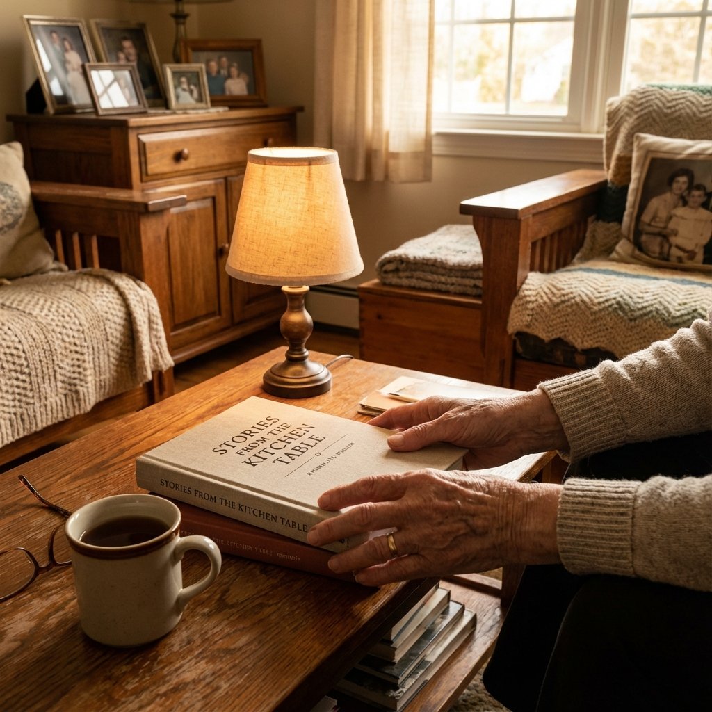 Hardcover memoir book on coffee table