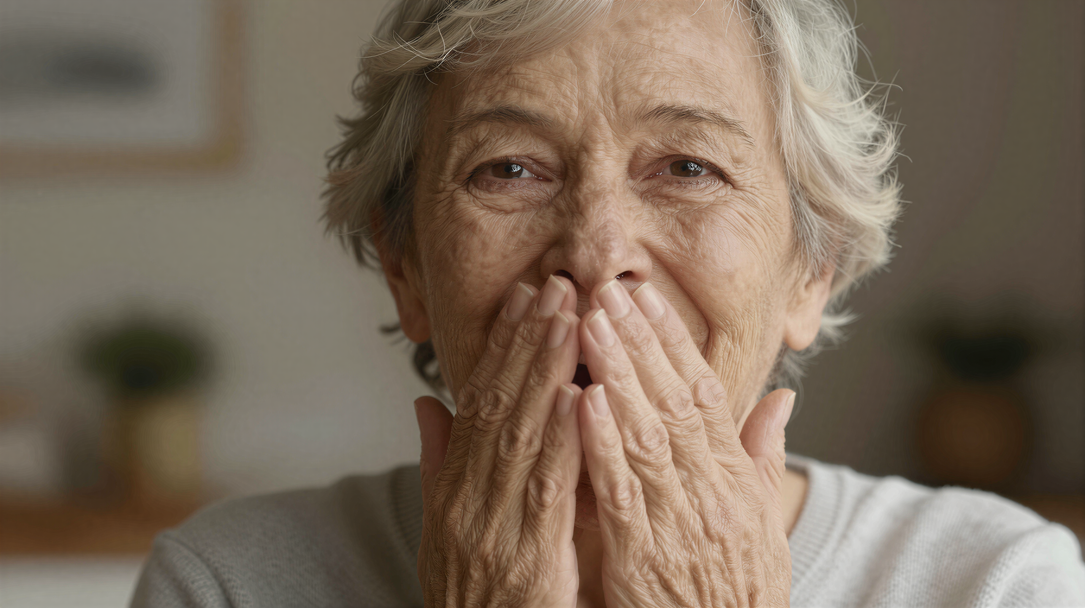 Elderly woman moved to tears with hands over mouth in joyful surprise