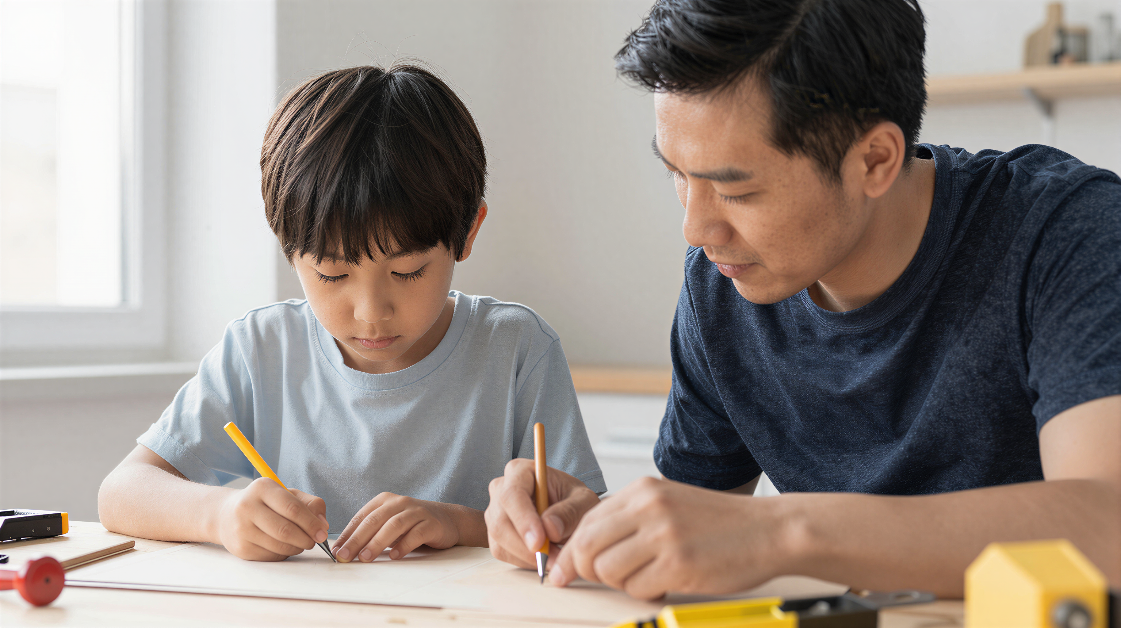 Father and adult child working on project together side by side