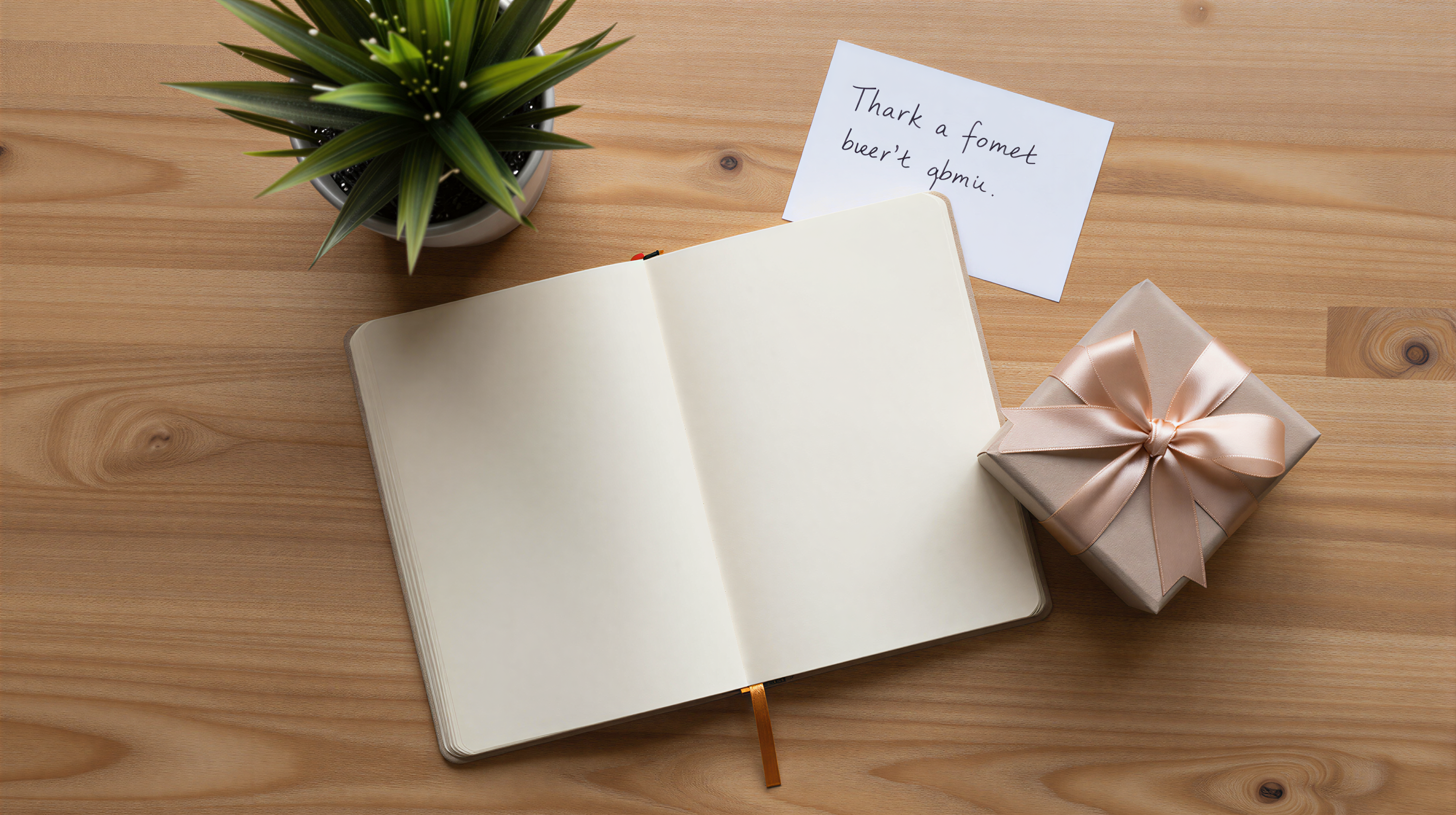 Thoughtful gifts flat lay - journal plant gift box and card