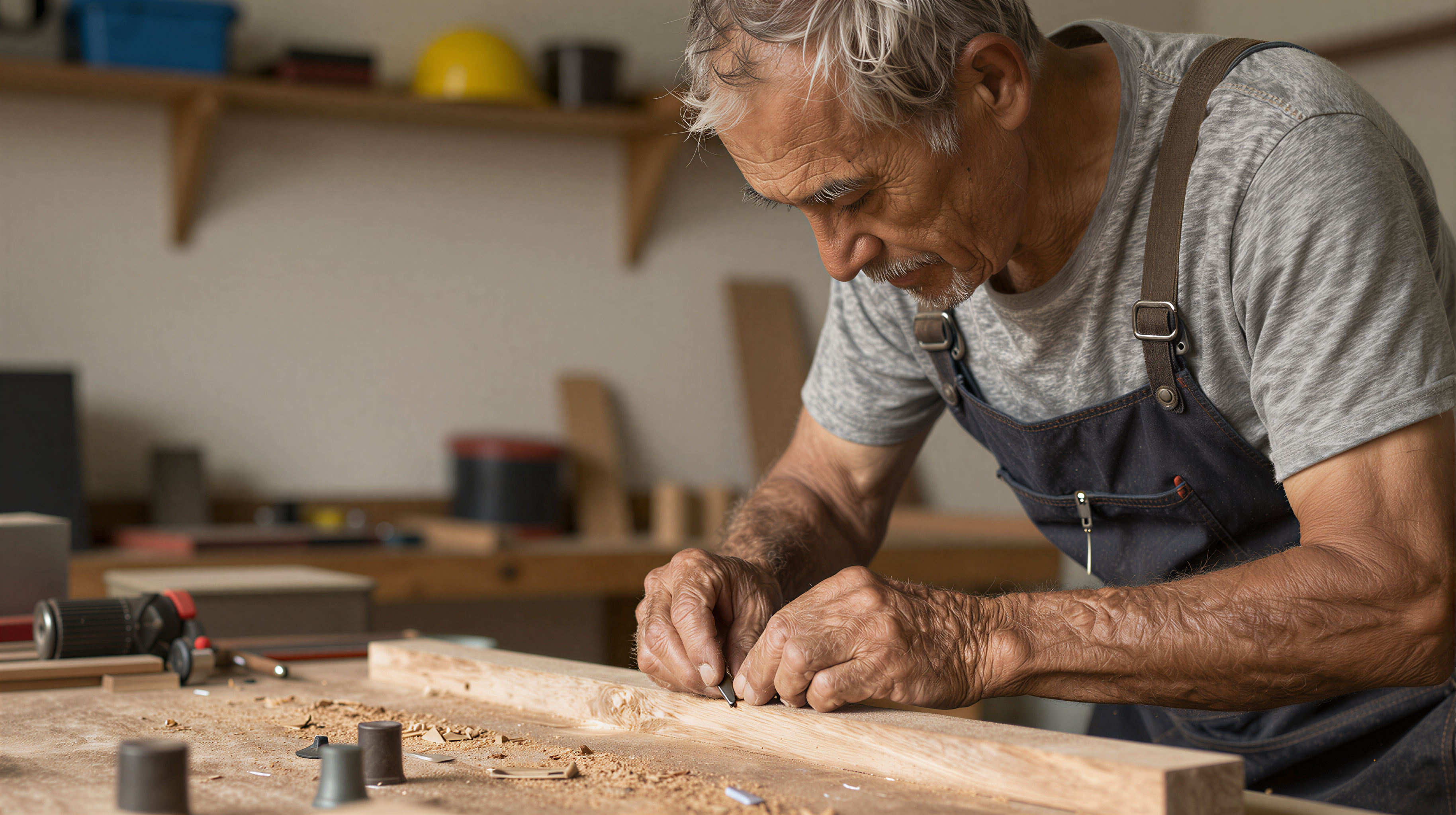 Elderly father working with hands in workshop