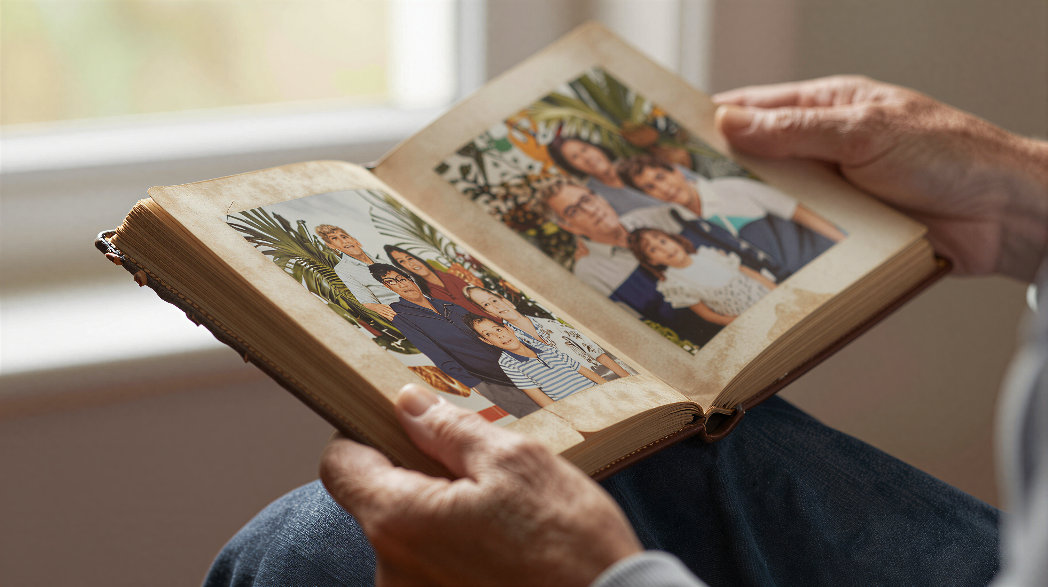 Elderly hands holding worn leather photo album