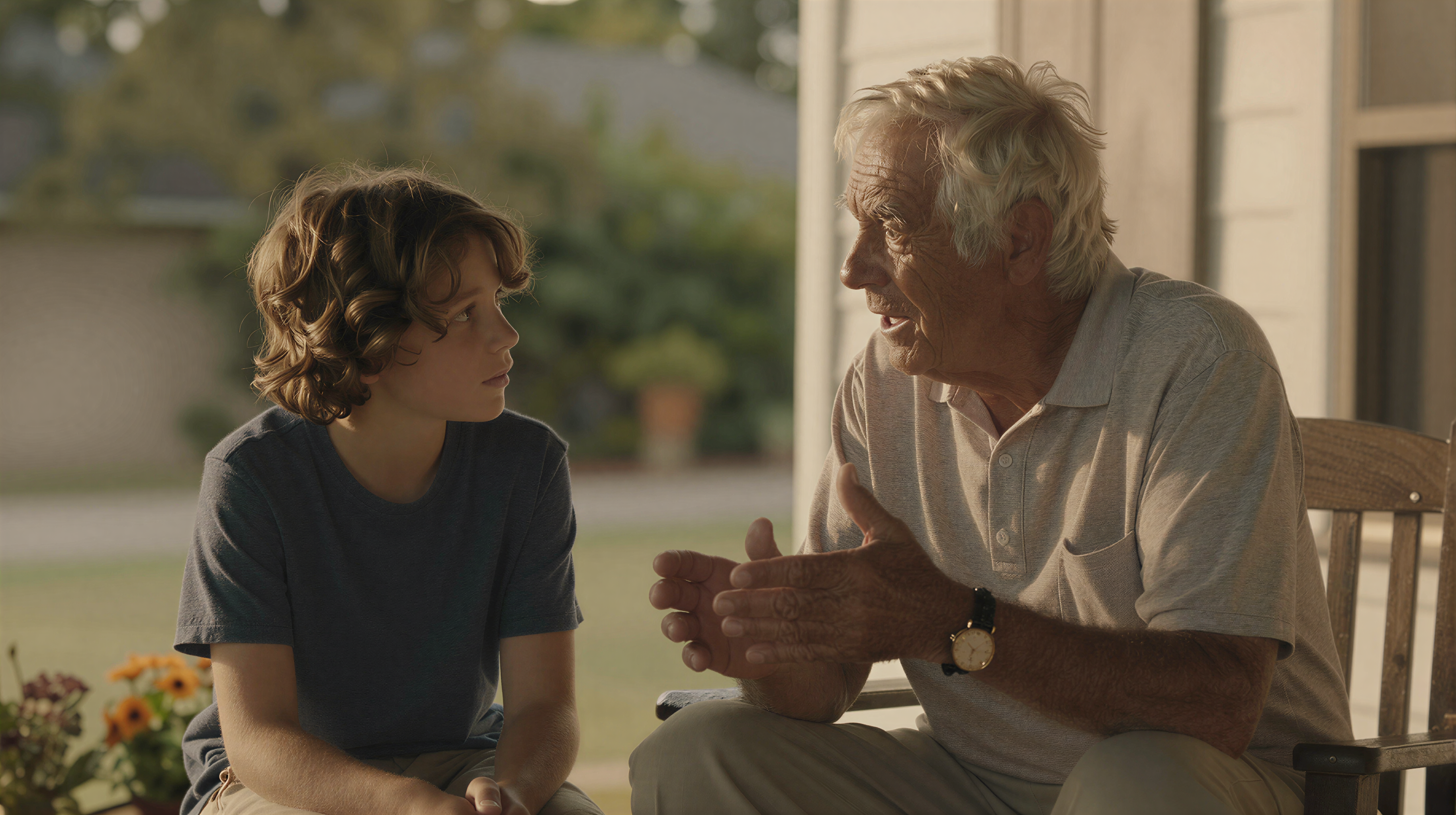 Grandfather and grandson talking on porch - 100 questions hero