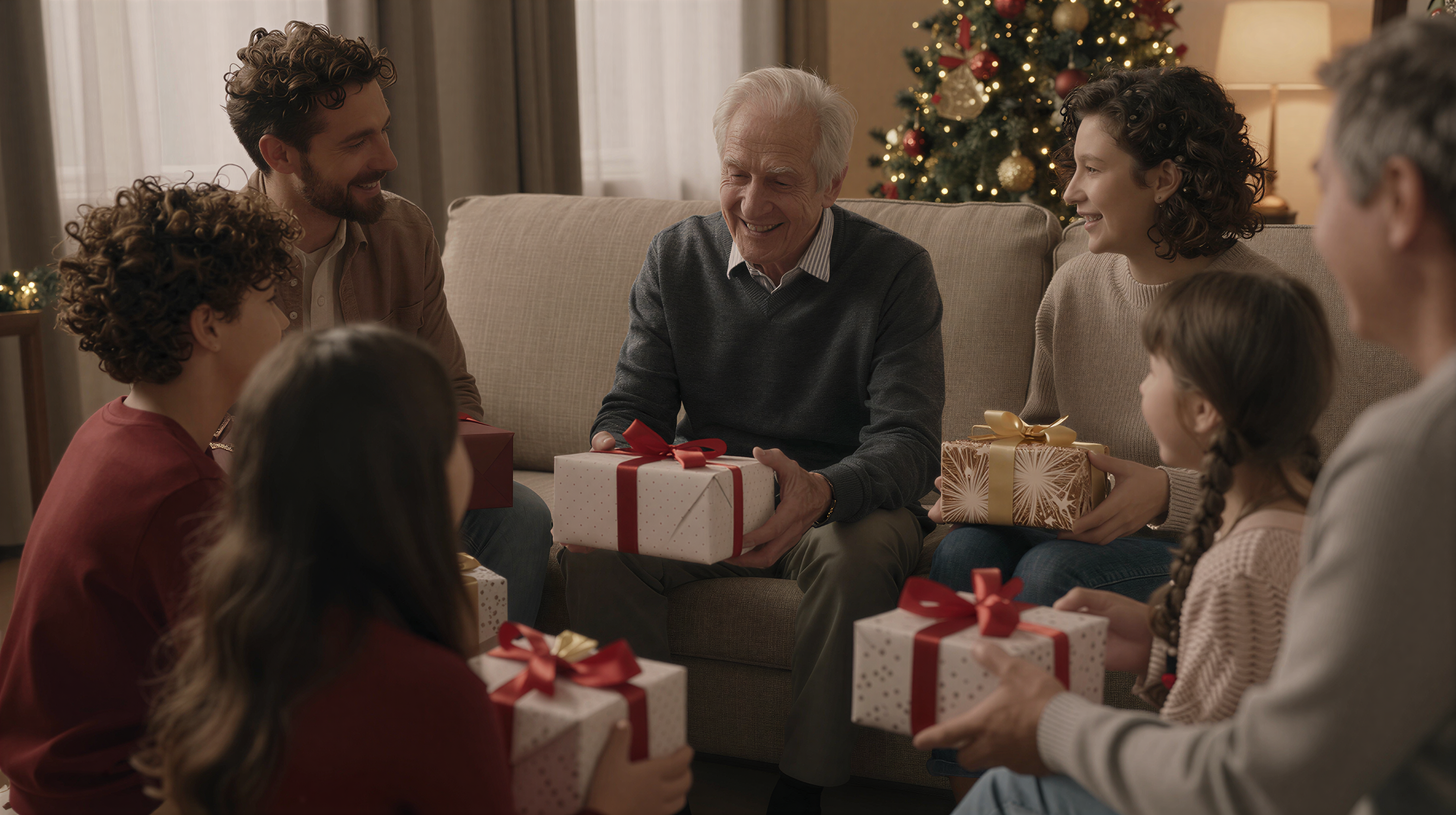 Family gathered around elderly grandfather with gifts at Christmas