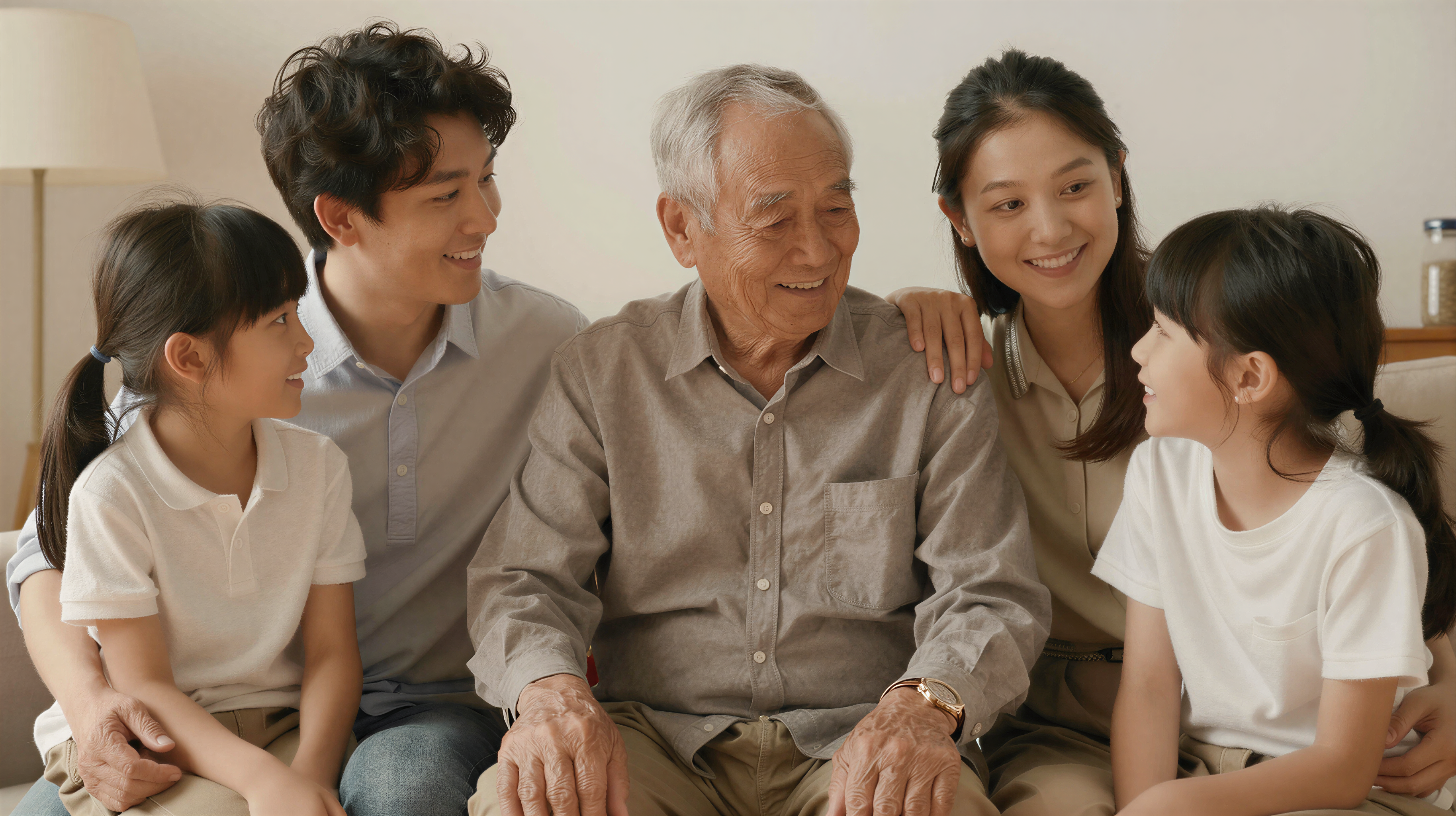 Elderly father relaxed with adult children and grandchildren