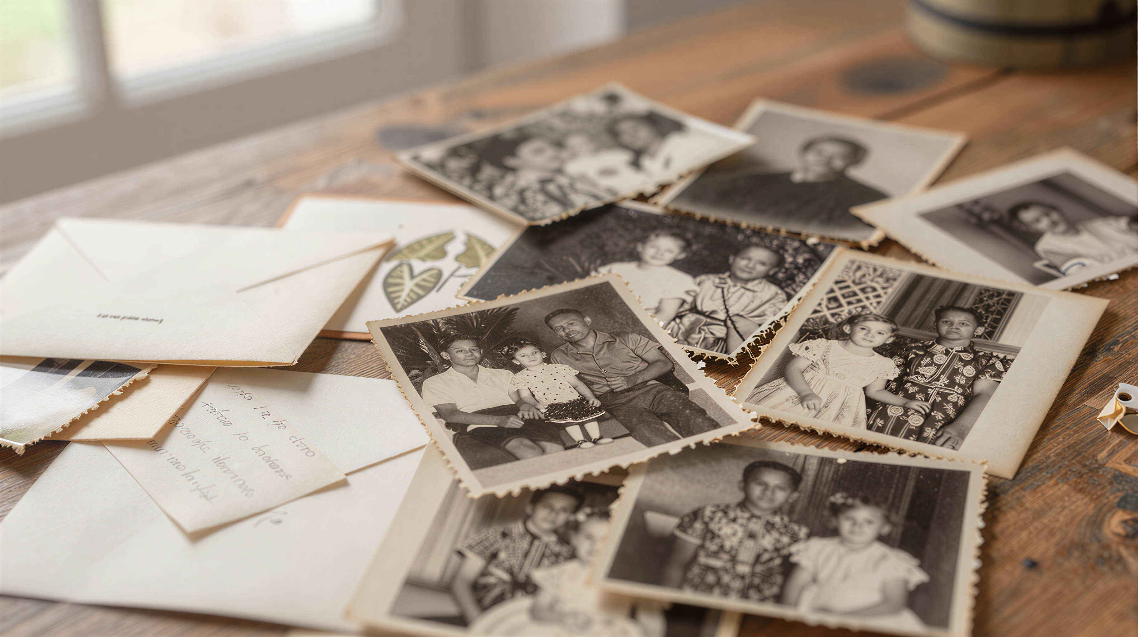 Old family photographs and handwritten letters on wooden table
