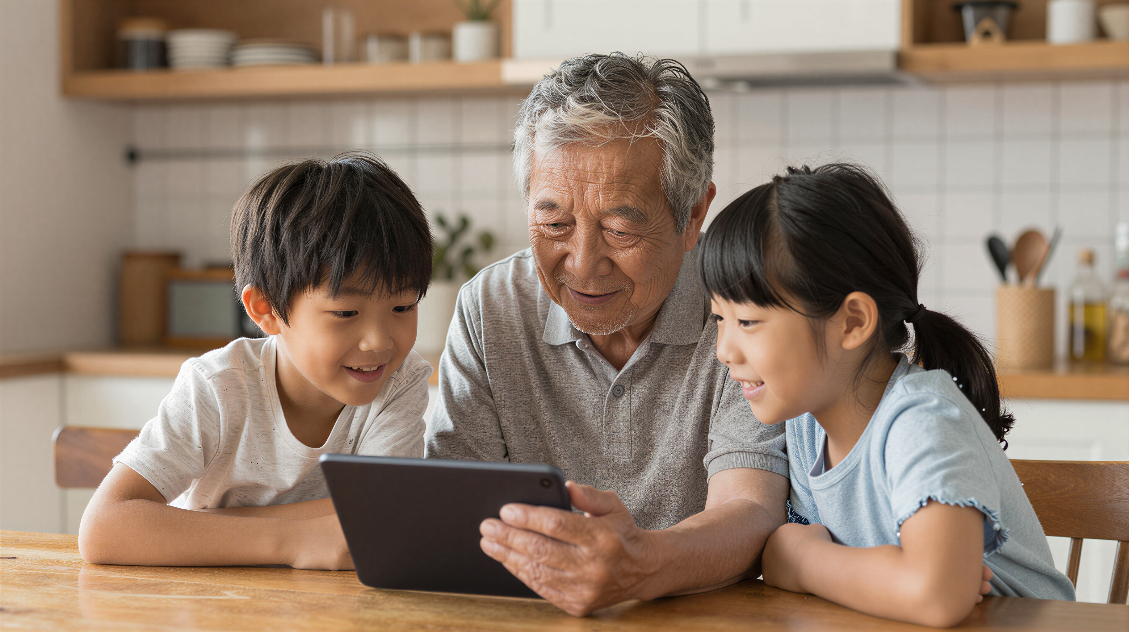 Grandfather sharing tablet with grandchildren at kitchen table