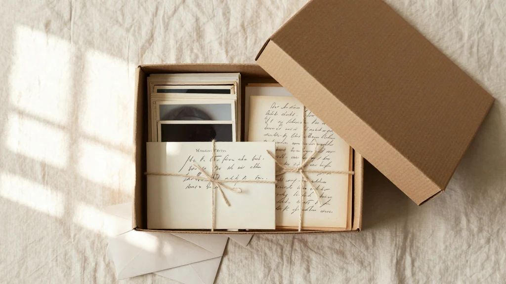 An open shoebox of old photographs and bundles of handwritten letters tied with twine, on cream linen in soft window light